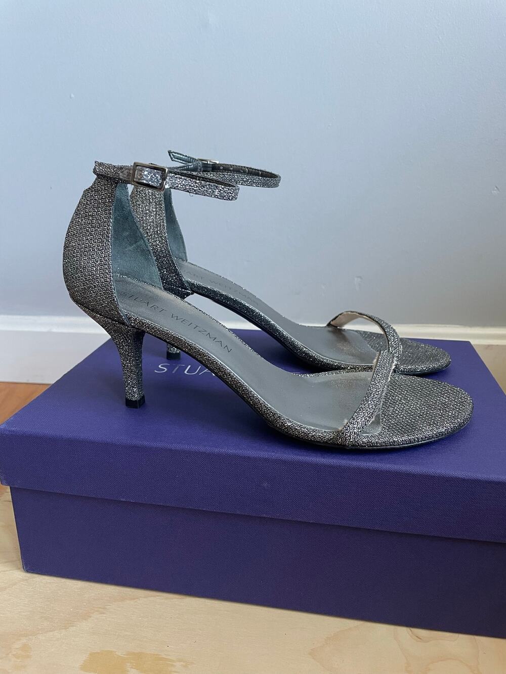 Stuart Weitzman Silver Naked Glitter Sandals 2.5" Heel Wedding Glam Sparkle 7W